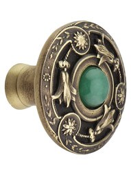 Jeweled Lily Cabinet Knob Inset with Green Aventurine - 1 1/4 inch Diameter in Antique Brass.